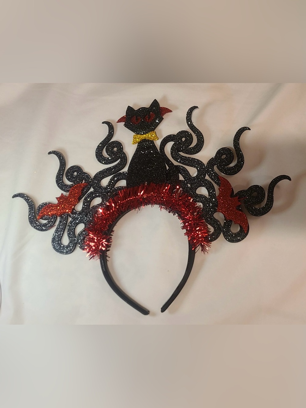 Black Glitter Cat & Snake Halloween Headband with Multicolor Lights - Picture 4 of 6